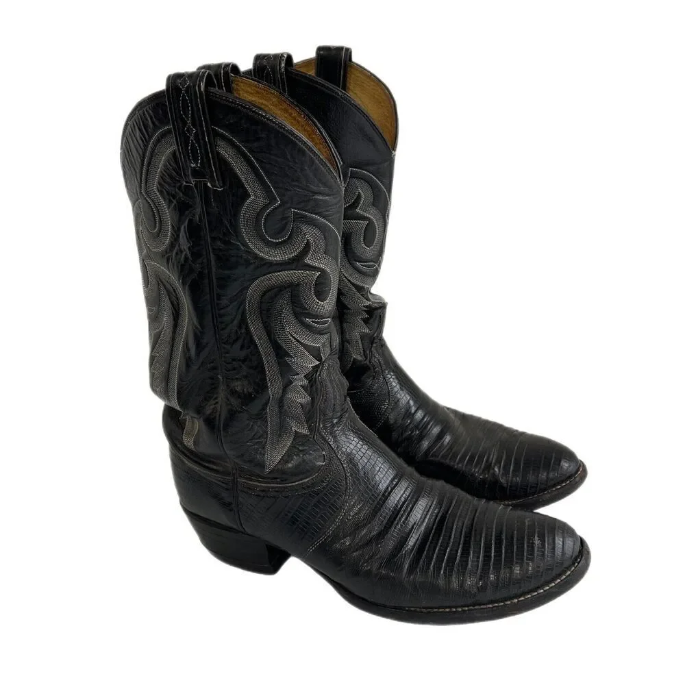 TONY LAMA MEN'S BLACK LEATHER & LIZARD WESTERN BOOTS Size 9 D USA MADE